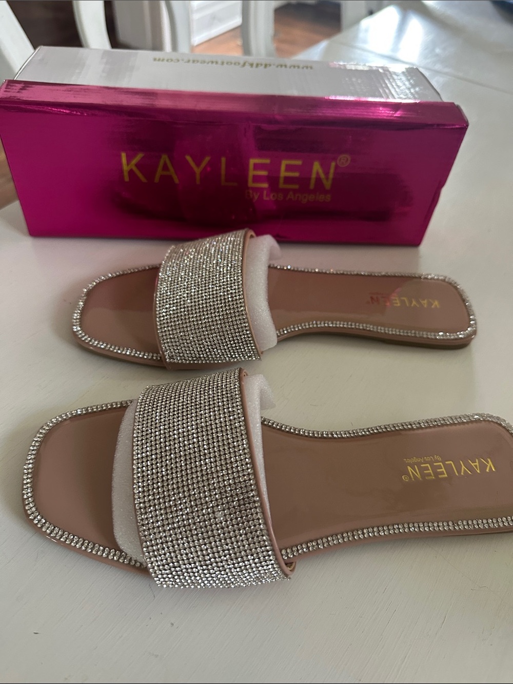 KAYLEEN By Los Angeles White Rhinestone Slide Sandal